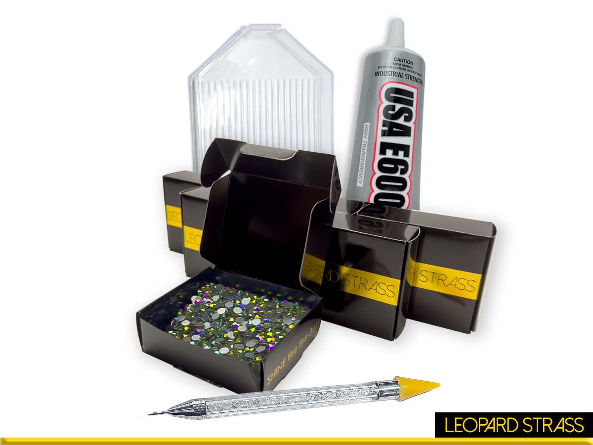 LEOPARD STRASS Premium Starter Pack – 6000 Non-Hotfix Crystal AB Rhinestones + Glue + Tools